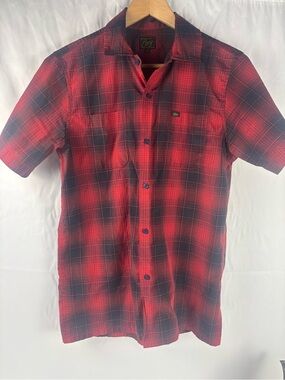 Vintage Obey Men’s Red and Black Short Sleeve Plaid Button-Up Shirt